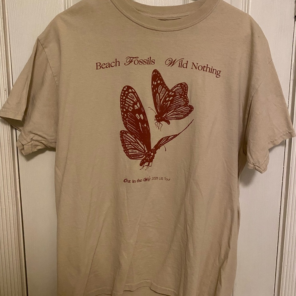 Beige T-Shirt with Red Butterfly Print